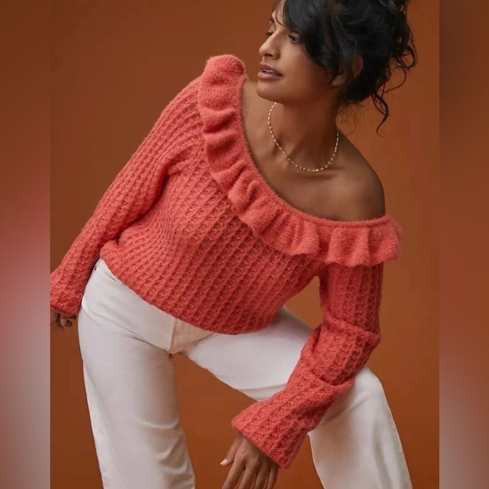 Anthropologie Ruffled Boat Neck Sweater Small